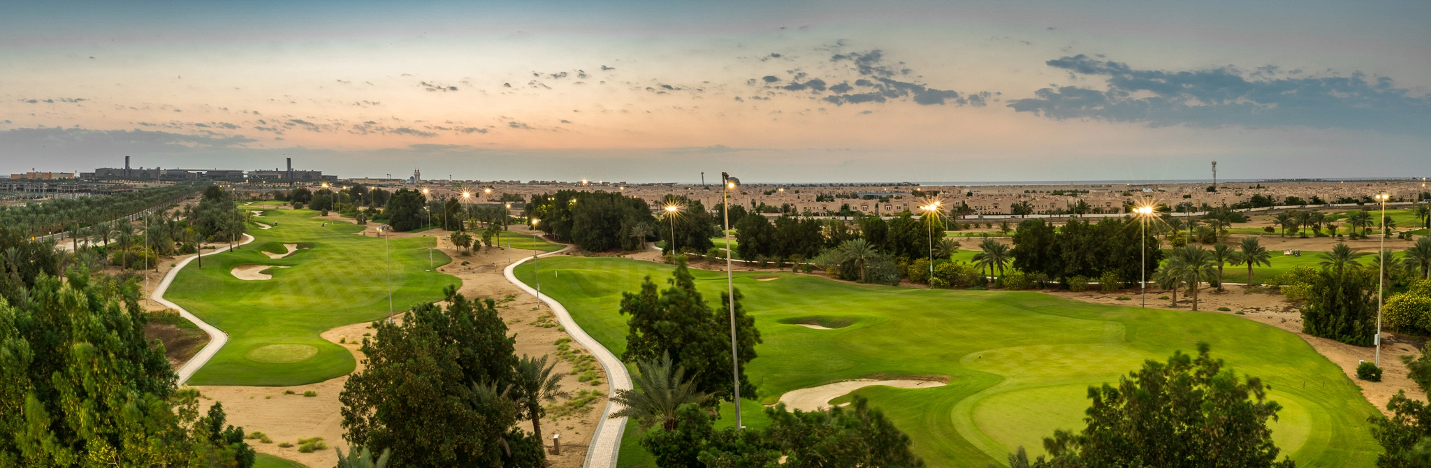 Panoramic golf course at sunset